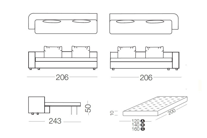 Foster - 2-seater sofa module with bed, measurements