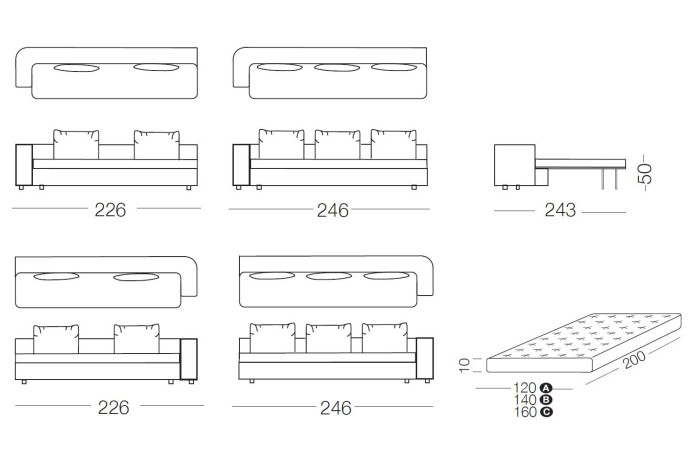 Foster - 3-seater sofa module with bed, measurements