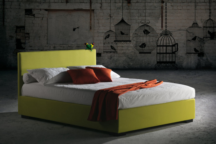 Upholstered slim bed frame with minimalist plain squared headboard