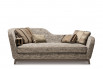 Glamour: textured jacquard-like grey fabric, taupe tape trims and plinth base