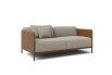 Side view of the 2 seater dual tone sofa bed with down feather decorative cushion
