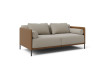 Side view of the 2 seater dual tone sofa bed with backrest and armrests bolster cushions