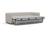 The sofa bed integrates a transverse sleeping surface with reduced depth